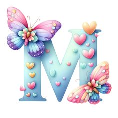 the letter m is decorated with hearts and butterflies