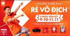 an advertisement for the shoe super sale with a man in orange shirt and blue jeans