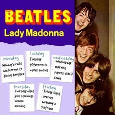 an advertisement for the beatles's lady madonna, which features four young men with different facial expressions