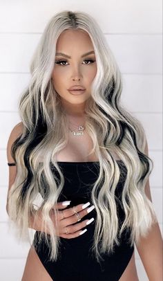 Jwoww Blonde Streaks, Platinum With Black Hair, Icy Blonde And Black Hair, Platinum Blonde Black Highlights, Edgy Long Blonde Hair, Blonde And Emerald Green Hair, Black With Platinum Hair, Blonde Hair With Black Shadow Roots, Blonde With Black Color Block