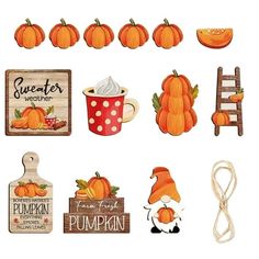 an assortment of pumpkins and other items on a white background, including a wooden sign