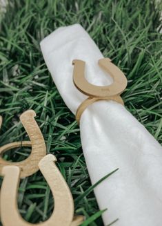 the napkin holder is made out of wood and has an arabic letter on it, sitting in grass