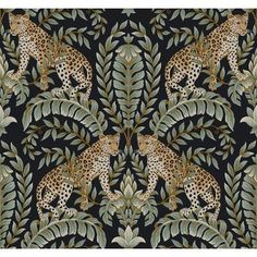 a wallpaper pattern with leopards and leaves on black, green and gold colors