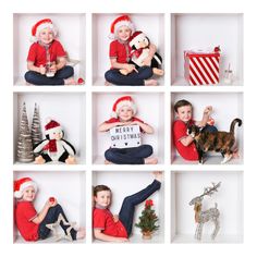 a series of photos with children in santa hats and christmas decorations sitting on the floor