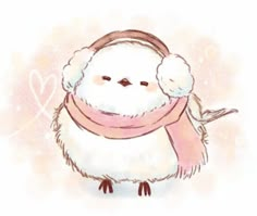 a drawing of a small white bird wearing a pink scarf and headphones with hearts in the background