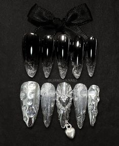 nails ideas nails aesthetic  *credits to the owner Dark Angel Nails, Dark Goth Nails, Goth Nails Grunge, Black And Silver Nails Ideas, Goth Winter Nails, Angel Nails, Gothic Nails, Goth Nails, Nails Aesthetic