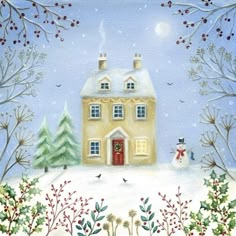 Cottagecore Illustration, Christmas Cottagecore, Religious Artwork, Snowman Tree, Advocate Art, Cottage Art, Little Cottage, Holly Berries, Art Licensing