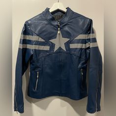 Captain America Genuine Leather Jacket Women’s Sz. Large Brand New With Tags. Classic Blue Long Sleeve Leather Jacket, Chic Blue Leather Jacket With Zipper Closure, Blue Leather Moto Outerwear, Luxury Blue Leather Jacket With Zipper, Captain America Leather Jacket, Leather Jacket Women, Genuine Leather Jackets, Jacket Women, Leather Jackets Women