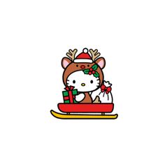 hello kitty on a sleigh with christmas gifts in her hand and reindeer antlers