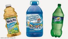 two bottles of water and one bottle of sprite hawaiian punch are shown in this image