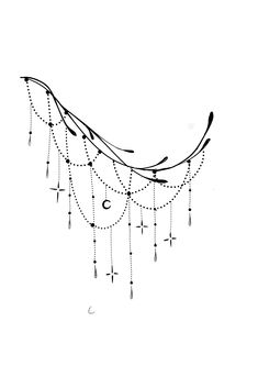 a black and white drawing of a feather with beads hanging from it's side