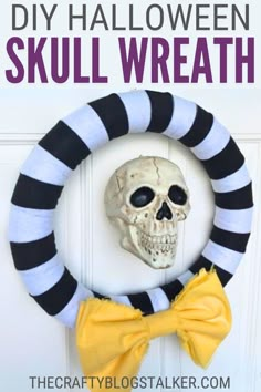 a skull wreath with a bow tie hanging on the front door, and text overlay that reads diy halloween skull wreath