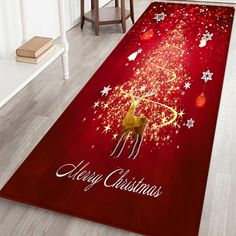 merry christmas tree with gold bells and snowflakes on red background area rugs