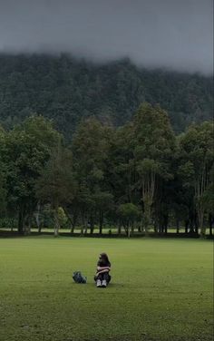 a person sitting on the grass in front of some trees