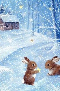 two rabbits are sitting in the snow near a small house and tree with stars on it