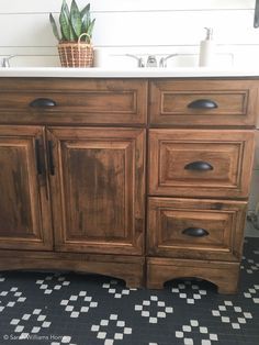 a bathroom vanity with two sinks and a potted plant