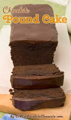 chocolate pound cake sliced into slices on a cutting board