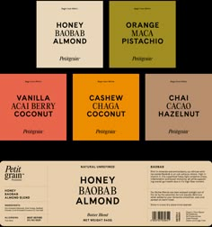 four different types of chocolate labels with the names of each type and colors on them