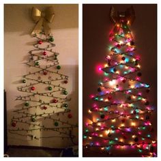 two christmas trees decorated with lights and bows, one in the shape of a tree