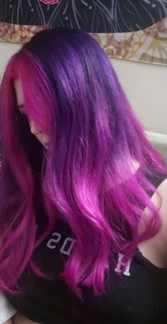 Purple Pink Hair Color Ideas, Dark Purple To Pink Ombre Hair, Long Pink And Purple Hair, Pink And Purple Dyed Hair, Purple Into Pink Hair, Pink And Purple Ombré Hair, Hair Color Ideas Pink And Purple, Dark Purple Hair With Pink Highlights