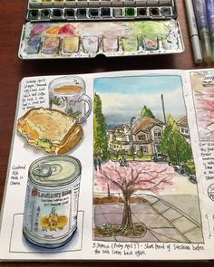 an artist's sketchbook with watercolors and pastel pens