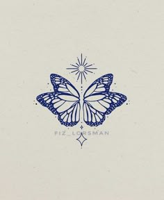 a blue and white drawing of a butterfly with the words fizz shan on it