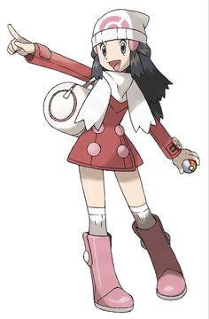 an anime character with long black hair and pink boots, holding a large object in her hand