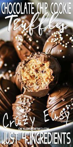 chocolate chip cookie truffles with text overlay that reads, chocolate chip cookie truffles crazy easy just ingredients