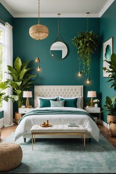 a bedroom with green walls and white bedding, potted plants on either side of the bed