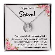 PRICES MAY VARY. Happy Sweet Sixteen! From beautiful baby to beautiful lady…It’s been a joy watching you grow. Always remember that you are braver than you think, stronger than you seem, and loved more than you know. TIMELESS KEEPSAKE GIFT: Our jewelry comes with a premium quality gift box and a special message. This piece makes a unique and thoughtful necklace gift for her sweet sixteen. Includes gift box. CUSTOMER SATISFACTION: If you’re not delighted with this durable and useful wallet, retur Sweet 16 Present Ideas, Card Gift Ideas, 16 Gifts, Card Jewelry, Surprises For Her, Sweet 16 Gifts, Mother Daughter Gifts, 16th Birthday Gifts, Sweet 16 Birthday