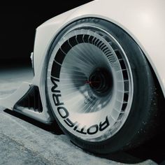 the front wheel of a white sports car