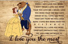 beauty and the beast i love you the most wood sign with disney characters on it