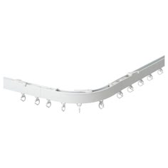 a white wall mounted shelf with hooks and clips on the bottom, against a white background