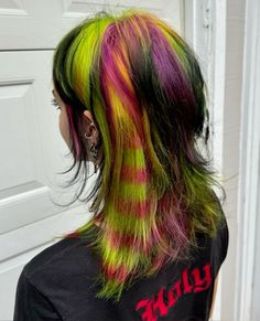 Artsy Hair Color, Funky Hair Dye Ideas, Half Green Half Purple Hair, Lisa Frank Hair, Harajuku Hair Color, Crazy Hair Dye Ideas, Rainbow Mullet, Color Wheel Hair, Scene Hair Dye