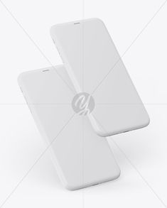 two white cell phones sitting next to each other on a white surface with the letter q in the middle