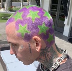 Shaved Hair With Designs, Dyed Shaved Head Designs, Buzzcut Dye Design, Shaved Colored Hair, Purple Buzzcut, Green Buzzcut, Buzzcut Hair Dye Art, Buzzed Hair Dye Designs, Buzz Cut Hair Dye Designs