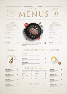 the menu is designed to look like it has different types of food and drinks on it