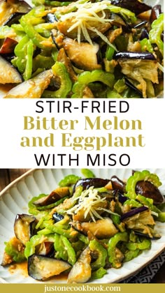 stir fried butter melon and eggplant salad with miso in a white bowl