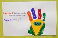 a child's handprint with the words orange is someone pretty flower for you, purple is thank you