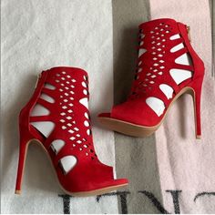 Purchased This Item But It’s Too Big. Seller Listed As Size 7 And It’s A 37.5. Fits More Like 7.5 / 8. It Is 4 1/2 Inch Heel. Comes From A Smoke And Animal Dander Free Home. Trendy Red Summer Boots, Fitted Red Boots For Summer, Red Open Toe Fitted Boots, Red Fitted Open Toe Boots, Fitted Red Open Toe Boots, Summer Party Ankle Boot Heels, Red Ankle-high Heels, Red Open Toe Boots For Fall, Red Open Toe Heels For Fall