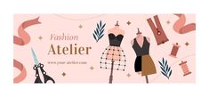 fashion atelier banner with mannequins, scissors and ribbon on pink background