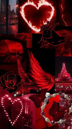 the collage has many different images and symbols on it, including a red rose