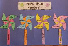 four pinwheels with words written on them