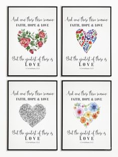 four cards with flowers and hearts on them