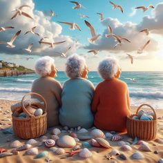 two elderly women sitting on the beach with seagulls flying over them and baskets full of seashells