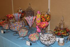 rainbow candy table we made with everyone's favorites Giveaways Ideas Birthday, Candy Ideas For Party, Rainbow Candy Table, Party Candy Table Ideas, Giveaway Ideas Birthday, Rainbow Candy Buffet, Party Candy Table, Vintage First Birthday