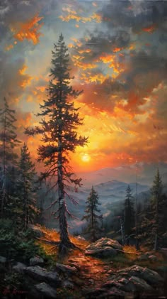 a painting of a sunset in the mountains with pine trees and rocks on the ground