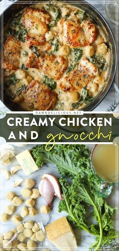 creamy chicken and spinach in a skillet with broccoli on the side