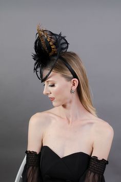 "Fascinator in BLACK with pheasant feather loop. Fastens with matching satin headband. Perfect for your wedding, church, horse races, formal events and tea parties! -Available in other colors -Light and comfortable to wear -Ready to ship -Group discount on 4 or more pieces Check out our men's tie collection! Find one to match your hat! Plain, floral and plaid bow ties and neck ties available here: https://www.etsy.com/shop/TheHatHive?ref=seller-platform-mcnav&section_id=18551844 I understand Elegant Black Party Costume Hats And Headpieces, Elegant Black High Crown Costume Hat, Elegant Black Party Costume Hat, Black Gatsby Fascinator For Evening, Black Gatsby Style Fascinator For Evening, Black Costume Hats For Royal Ascot Party, Royal Ascot Evening Fascinator With Structured Crown, Formal Black High Crown Mini Hat, Formal Black Mini Hat With High Crown