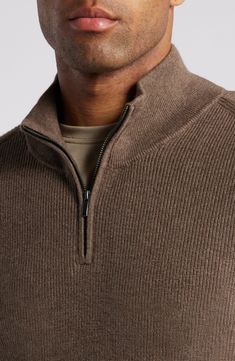 Shaker stitching brings a lofty feel to this sporty quarter-zip sweater knit from cashmere-kissed cotton yarn. Quarter-zip closure Stand collar Long sleeves Ribbed cuffs and hem 95% cotton, 5% cashmere Machine wash, dry flat Imported Sweater Quarter Zip, Casual Men Clothes, Casual Wool Half-zip Sweater, Casual Cashmere Half-zip Sweater, Casual Half-zip Cashmere Sweater, Casual Wool Sweater With Zipper Closure, Casual Funnel Neck Sweater With Zipper, Men Ootd Casual, Mens Quarter Zip Sweater Outfit